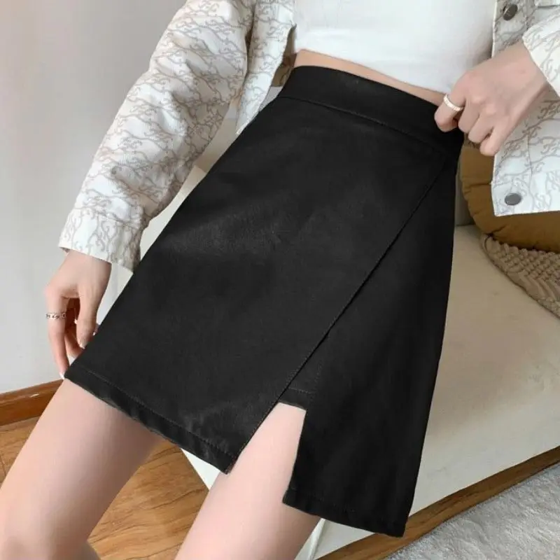 Falda de cuero con abertura Irregular de Pu para mujer, pantalones cortos de línea A, de cintura alta minifalda, ropa femenina de estilo coreano, negro y marrón