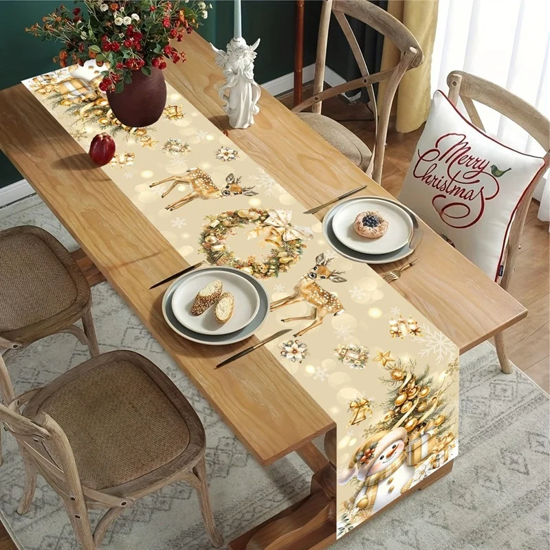 Festive Table Runner With Reindeer Snowman Wreath And Gift Box Print Elegant Table Linen For Christmas Banquet And Family Feast