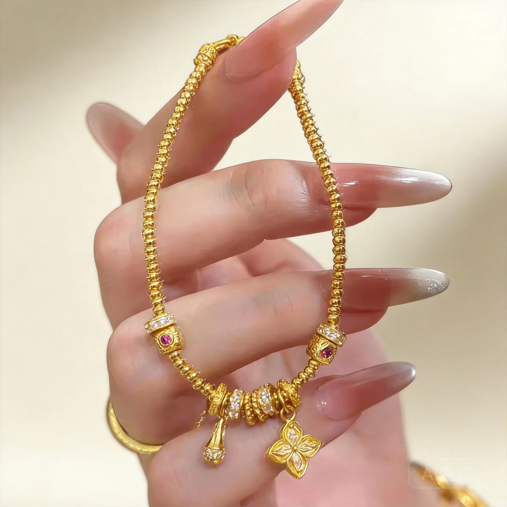 

Chinese Style Lucky Sand Gold Bracelet For Women Four Leaf Clover Water Drop Gold Bead Auspicious Blessing Wealth Attracting Cha