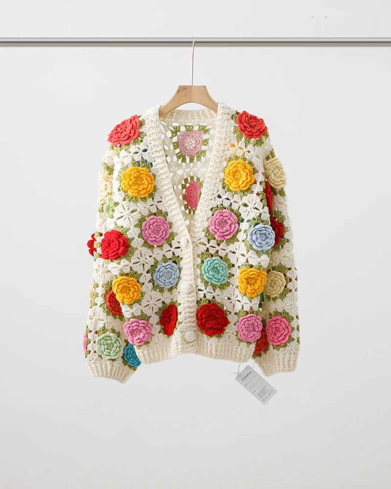 Jastie Heavy Sweater Cardigan Hand Hook Three-dimensional Flower Hollow Sweet Sweater Cardigan Jacket Luxury Design Knitted Top