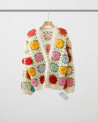 Jastie Heavy Sweater Cardigan Hand Hook Three-dimensional Flower Hollow Sweet Sweater Cardigan Jacket Luxury Design Knitted Top