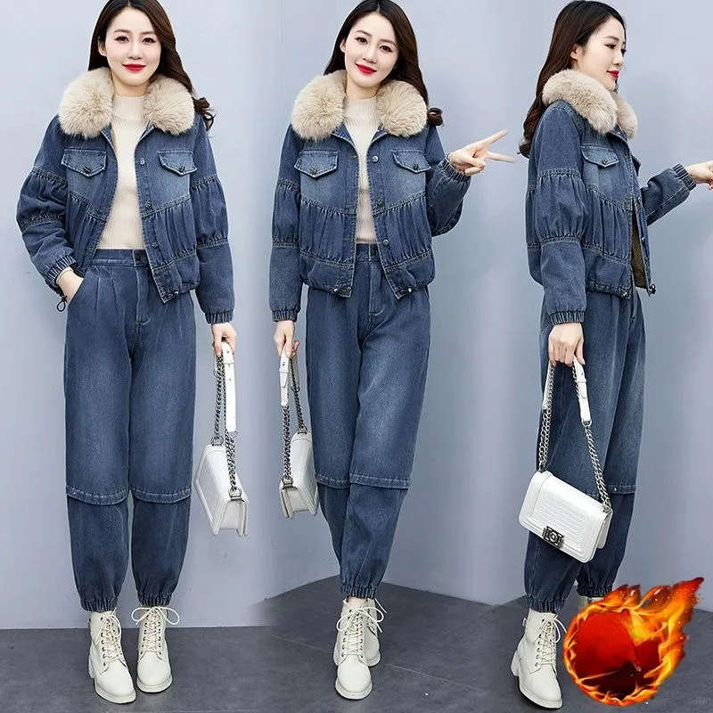 2023 Winter New Casual Loose Denim Suit Women Vintage Fleece Thick Corkage Pants Two-piece Jean Jacket with Fur Collar