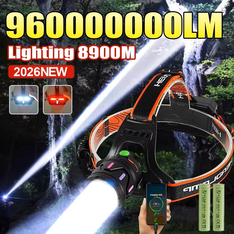 960000000LM Ultra Powerful LED Headlamp Super Bright Long Range 8900m Headlight Rechargeable Head Torch Fishing Head Flashlight