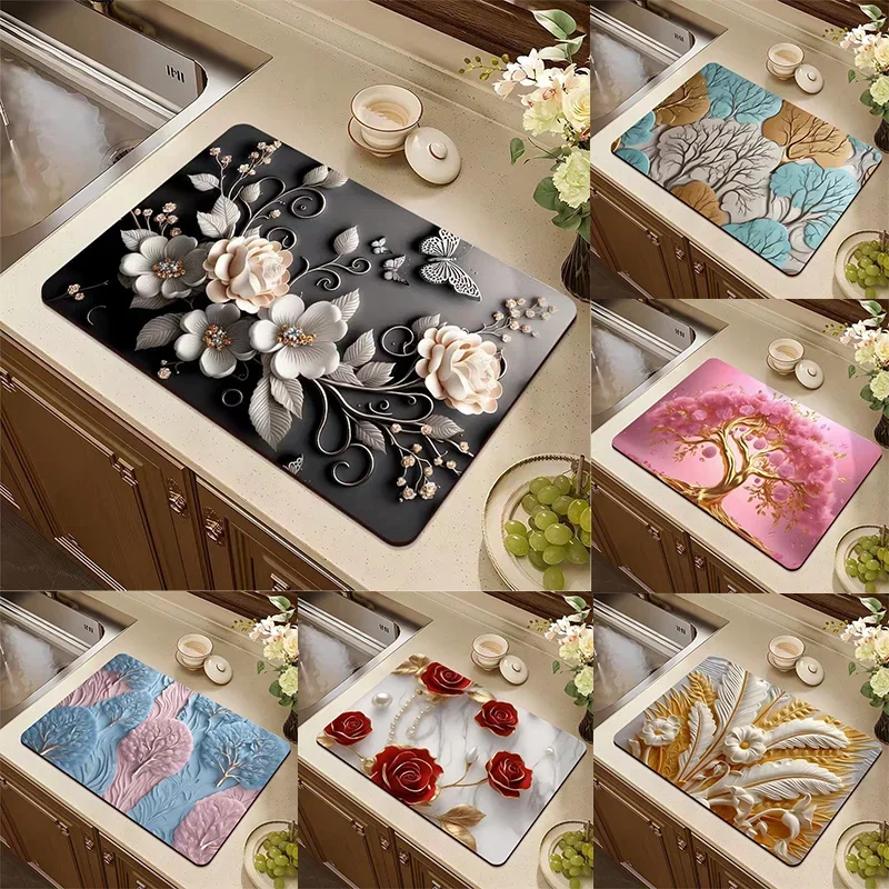 Abtropfpad mit Blumenmuster, rechteckig, für Kaffeemaschinen, Abtropfmatte, saugfähige Abtropfmatten, Geschirr, Waschbecken, Teppiche, Tischset