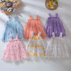 Hot2024-ropa para niña pequeña con parche bordado, vestido con tirantes de flores, bonito vestido de bebé, dulce vestido de fiesta de princesa