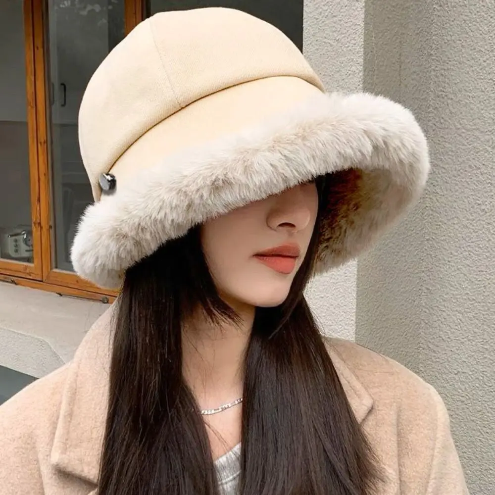 

Cute Windproof Velvet Panama Hat Soft Wide Brim Fluffy Fur Bucket Hat Plush Thickened Winter Fisherman Hat Outdoor