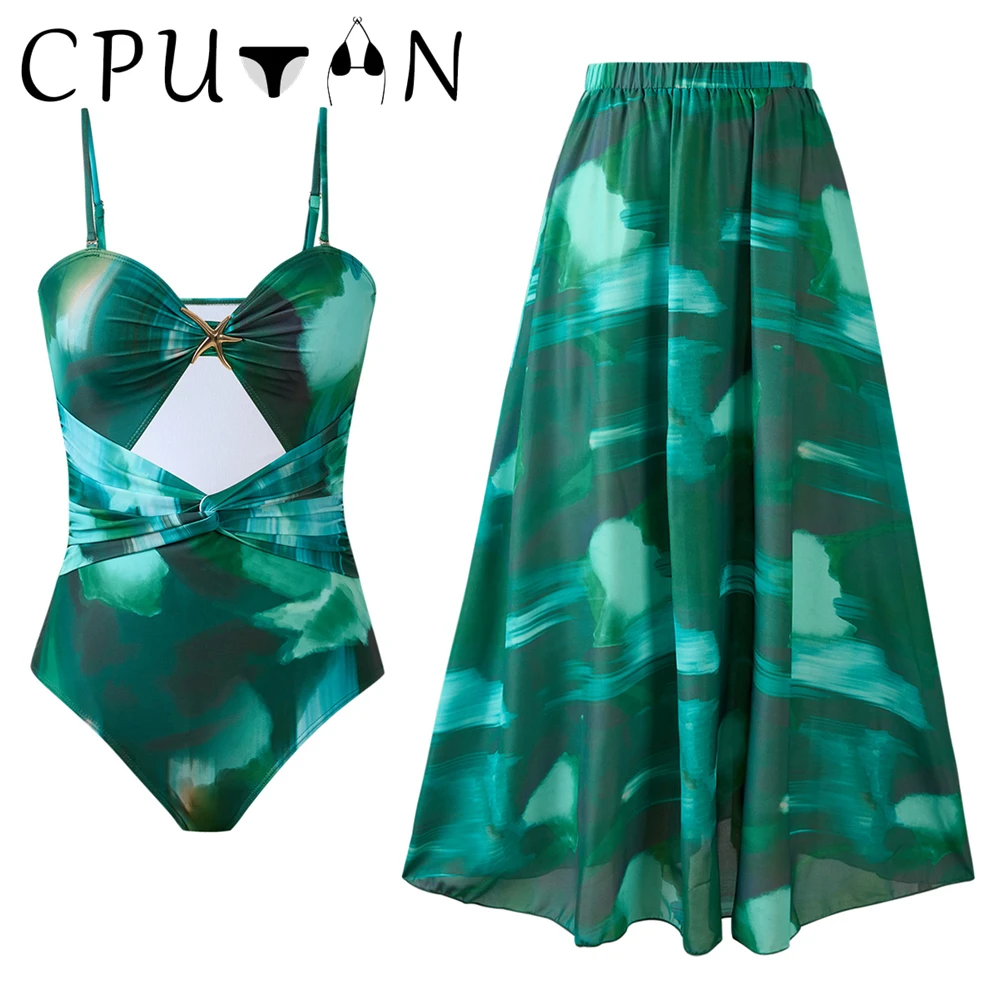 CPUTAN Hollowen One Piece Swimsuit With Cover Up Sexy Swimwear Women Green Swim Suits Patchwork Bathsuit Belt Bodysuit Beachwear