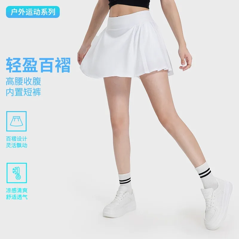 

Fake Two Piece Sports Pants Skirt, Slim Fit, Elastic Band, Sports Shorts, Fitness Pleated Skirt, Spring, Summer, New