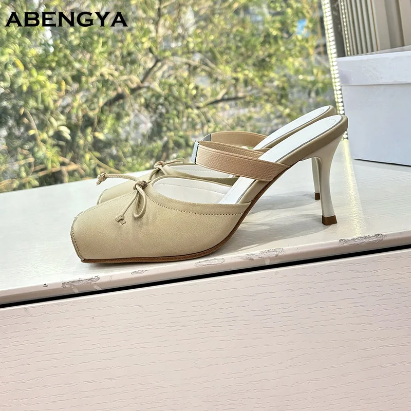 

Designer New High Heels Leather Slippers Women Wrap Toe Bow Knot Heeled Dress Shoes Summer Black Slides Party Shoes For Women