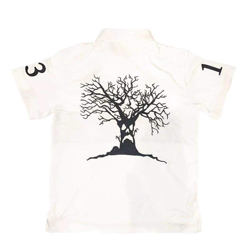 Y2K เสื้อโปโลพิมพ์ลายวินเทจฮิปฮอปลำลองกีฬาเสื้อยืดโอเวอร์ไซส์แขนสั้นเย็บตัดกันใหม่คู่ TEE