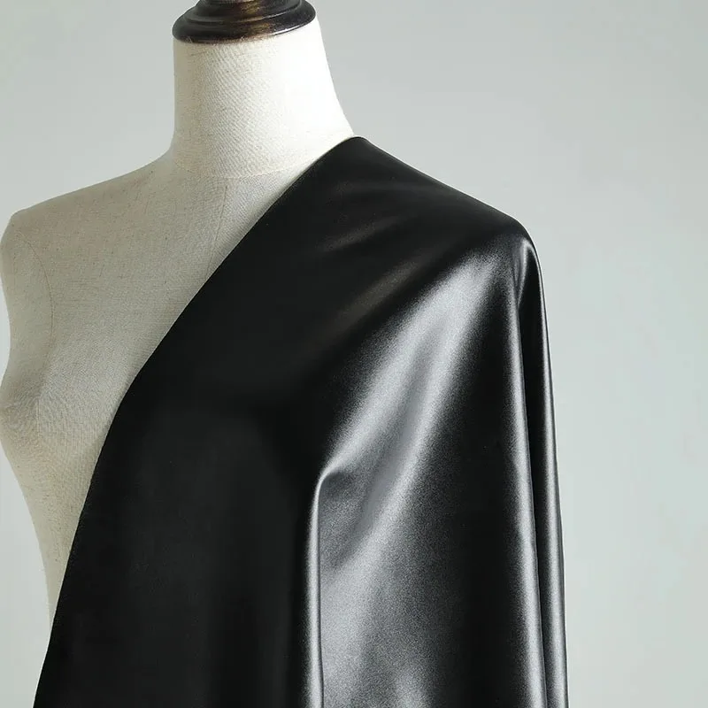 Black Matte 4‑Way Stretch Faux PU Leather Fabric Elastic Synthetic Cloth For Sweat Suits Elastic Leather Pants Sewing Material