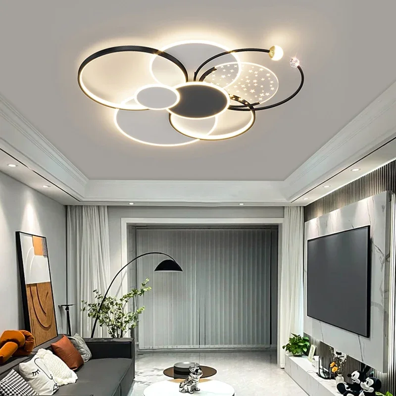 

Round Living Room Led Chandeliers Luxury Bedroom Full of Stars Gold Chandelier Simple Modern Atmosphere Flush Mount Ceiling Lamp