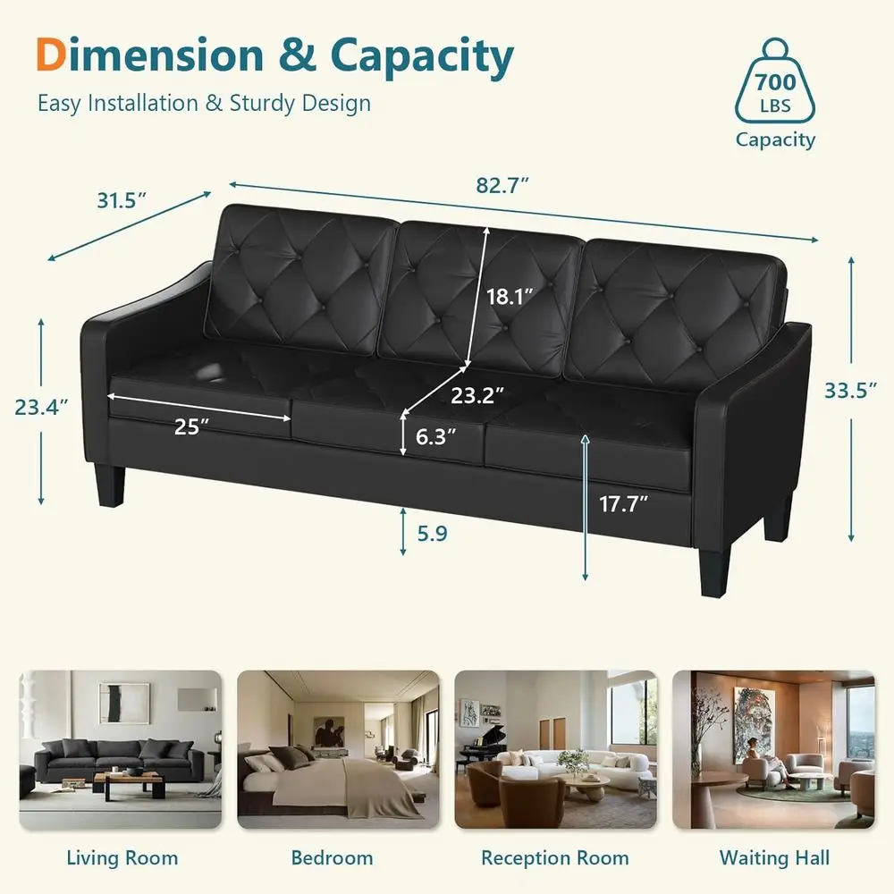 83 Black Leather 3-Seater Sofa, High-Density Foam, 700 lbs Capacity, Easy Assembly, Ideal for Living Rooms and Waiting Areas