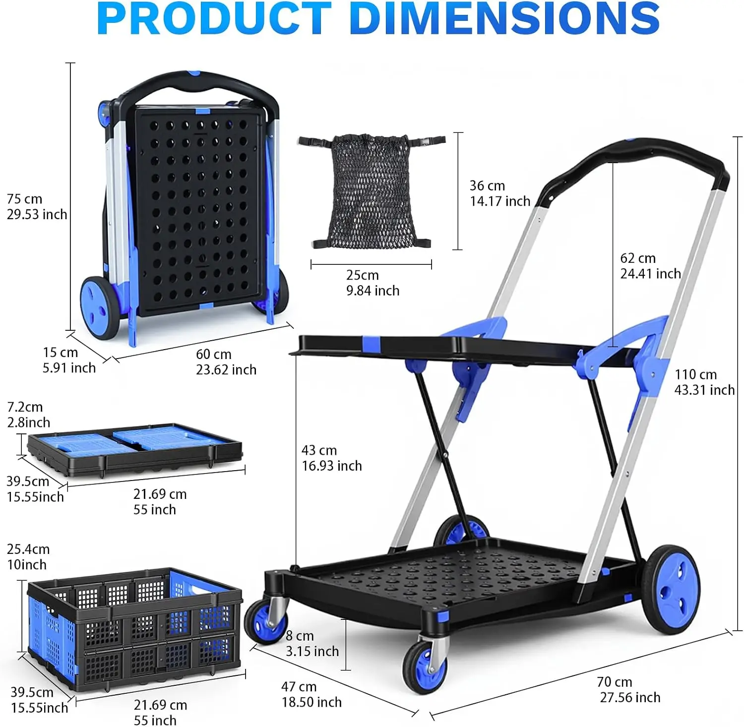 Collapsible Shopping Cart with Wheels, 2 Storage Crates & 1 Storage Bag, 200 lbs Capacity Multi Use Functional Grocery Cart, Spa