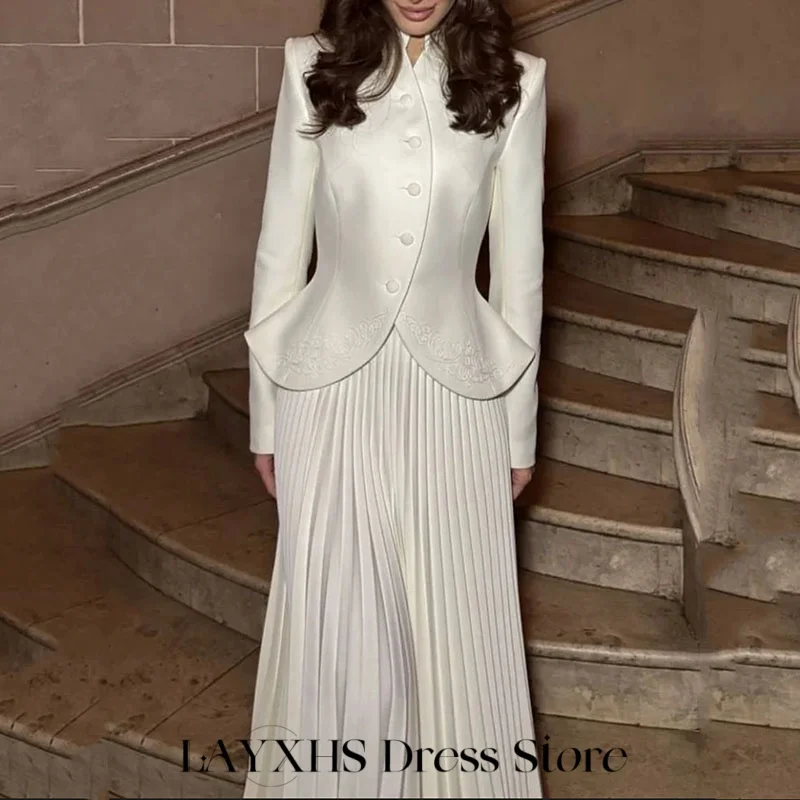 Eleganckie sukienki wieczorowe LAYXHS, dwuczęściowe, z długim rękawem, zapinane na guziki, w kształcie litery A, plisowane sukienki na studniówkę, szyte na miarę فساتين سهرة