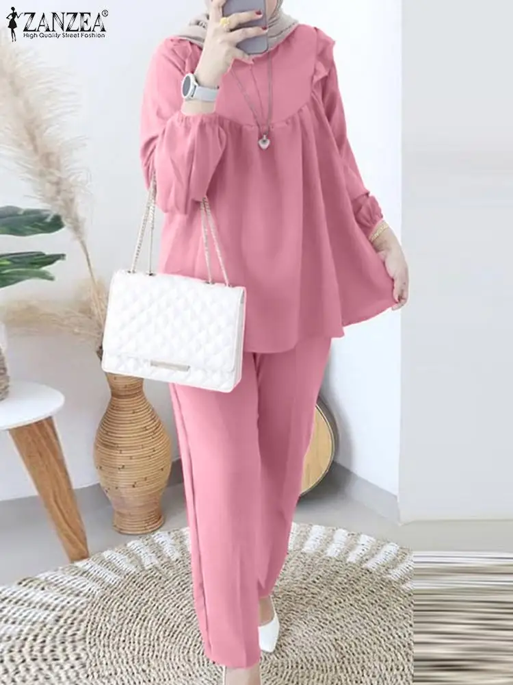 2024 ZANZEA Women Muslim Sets 2PCS Vintage Long Sleeve Ruffles Blouse Trousers Suit Turkey Dubai Tracksuits IsIamic Clothing