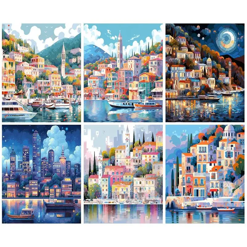 GATYZTORY Oil Painting By Numbers Seaside Town Scenery Paint Canvas Coloring Picture House HandPainted Home Decoration