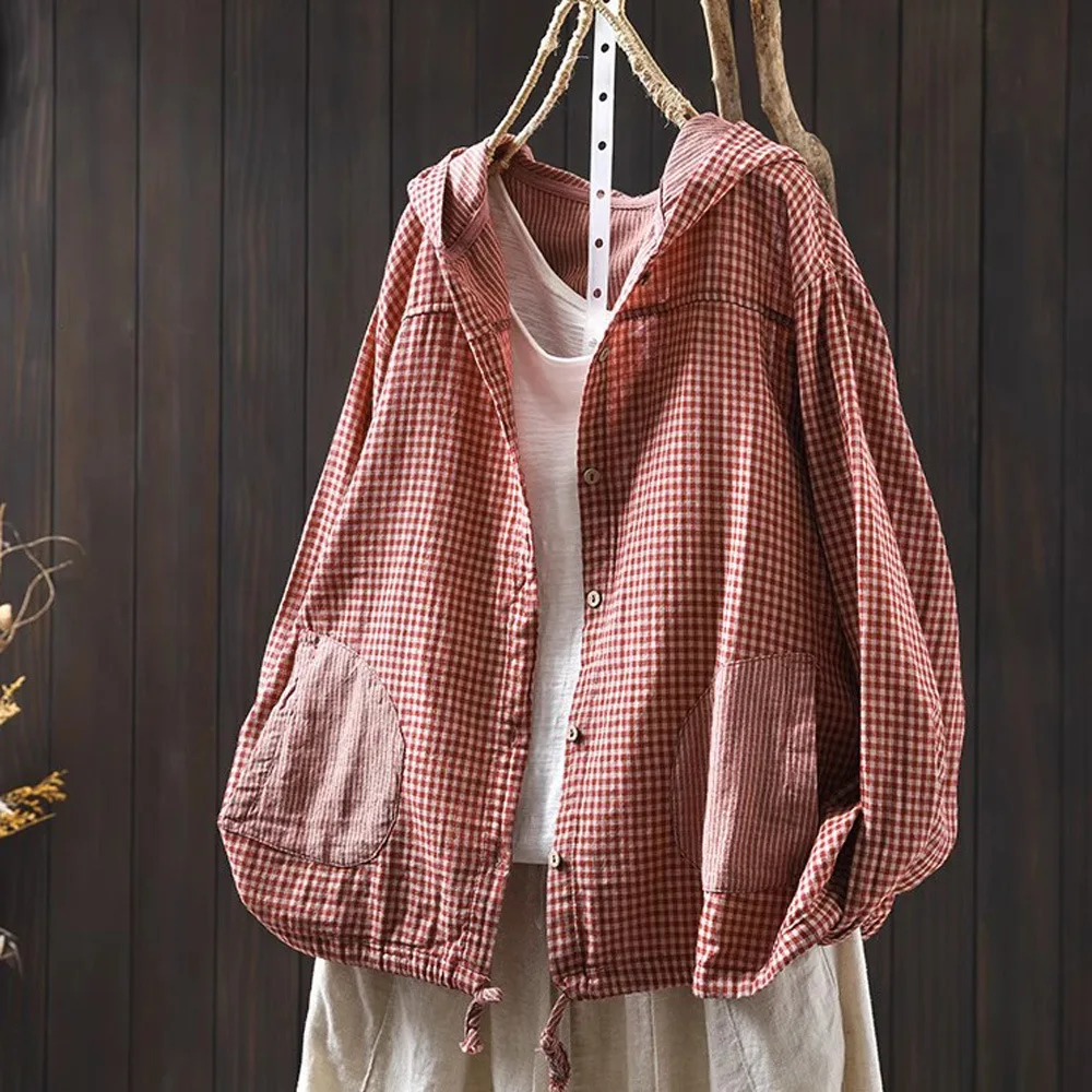 

2025 Japan style 100% cotton yarn plaid hoodies for women spring hooded long sleeve check shirts large size tops outwear