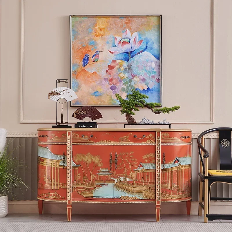 

Villa entrance French semi-circular type new Chinese style living room high-end light luxury orange solid wood