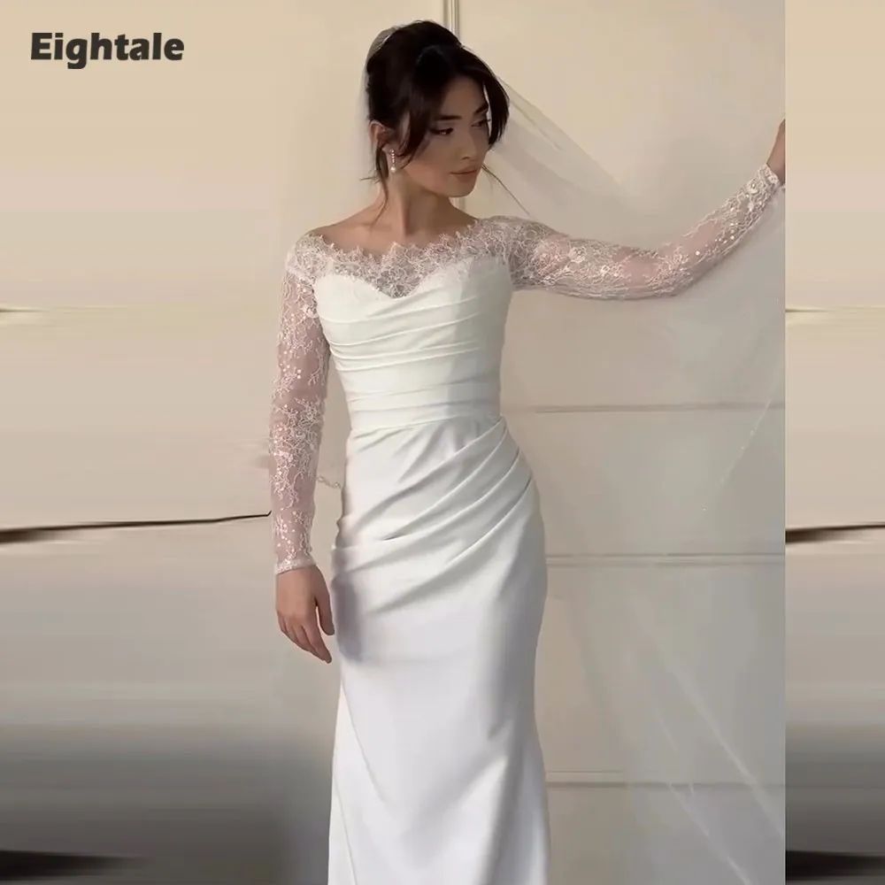 

Eightale арабское свадебное платье с круглым вырезом на заказ цвета слоновой кости атласное свадебное платье кружево с длинными рукавами длиной до пола мусульманское вечернее платье невесты