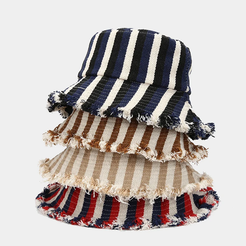 

New 2025 Striped Hollow Women Bucket Hat Spring Summer Outdoor Sunscreen Weave Breathable Fisherman Caps Versatile Travel Hats