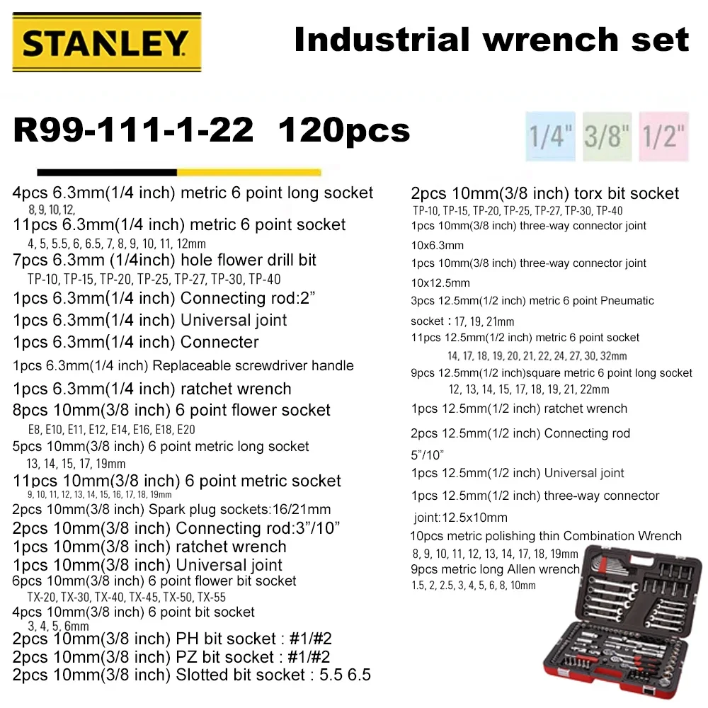 Stanley Induatrial Mechanic Car Repair Wrench Set R99-111-1-22 120pcs with Socket Ratchet Torque Spanner CR-V Precision Forging