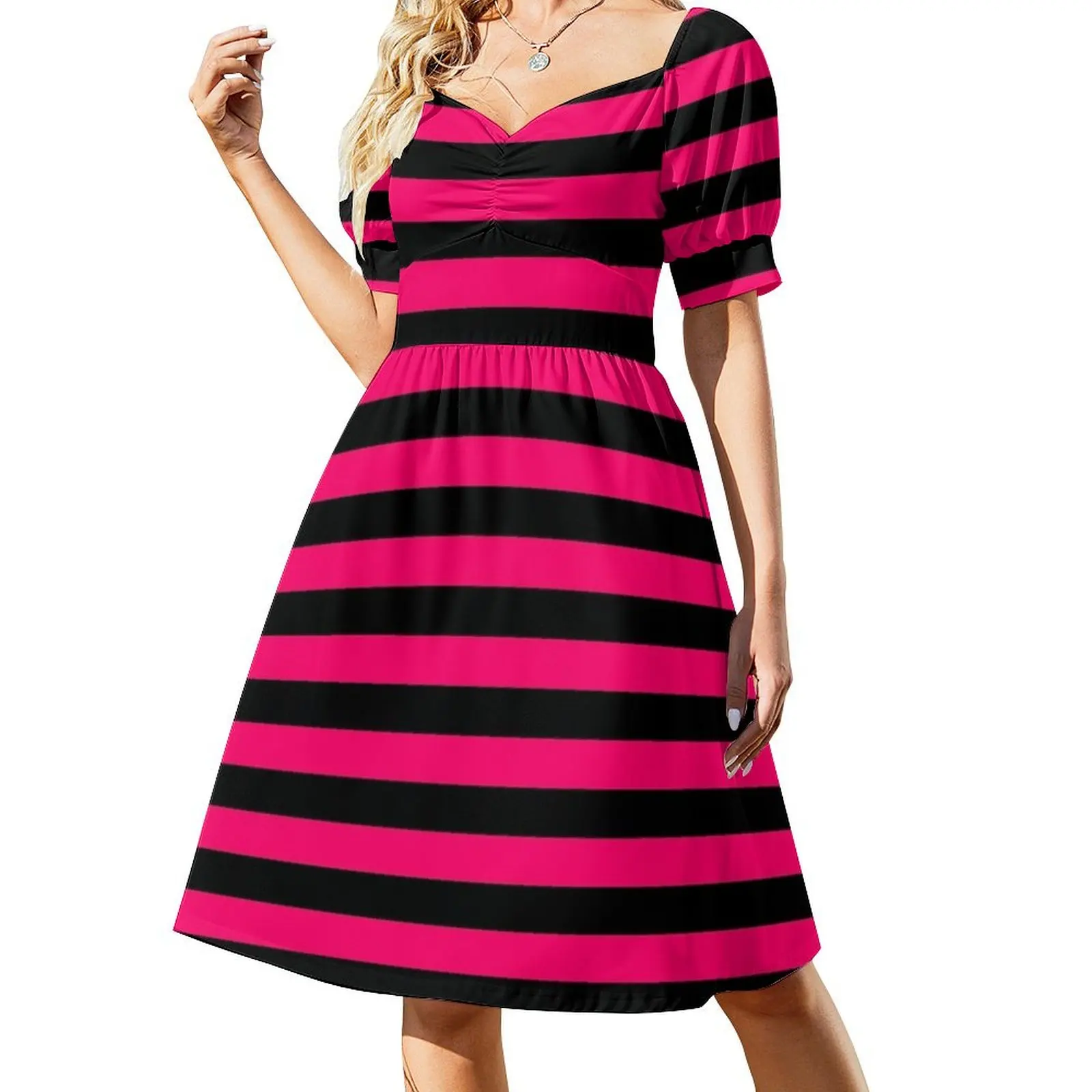 

Bright Fluorescent Hot Pink Neon and Black Horizontal Stripes Short-Sleeved Dress dresses women summer 2025 dresses korean style