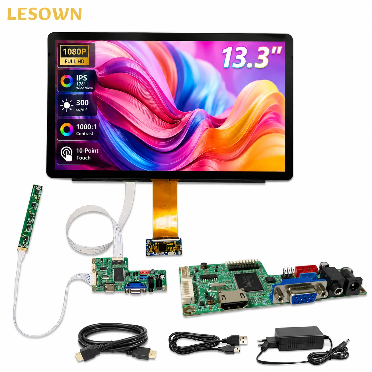 LESOWN 13.3 Inch 1920x1080 Capacitive Touch Display Setup Plug & Play HDTV VGA Sub Monitor Panel for Embedded System
