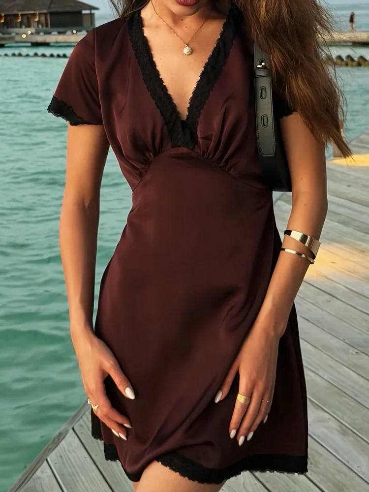 Tossy Women Elegant Two Tone Satin Lace V Neck Mini Dress Short Sleeve Bow Back Summer Party Casual Vacation Chic A Line Dress
