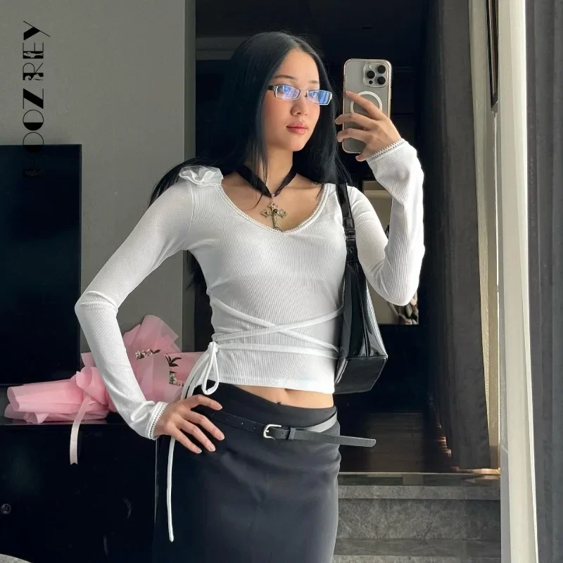 BoozRey Casual Lace-up V-neck Slim Fit T-shirts Concise Full Sleeve Crop Tops Elegant Women Tees All-matched Bottoming Clothing