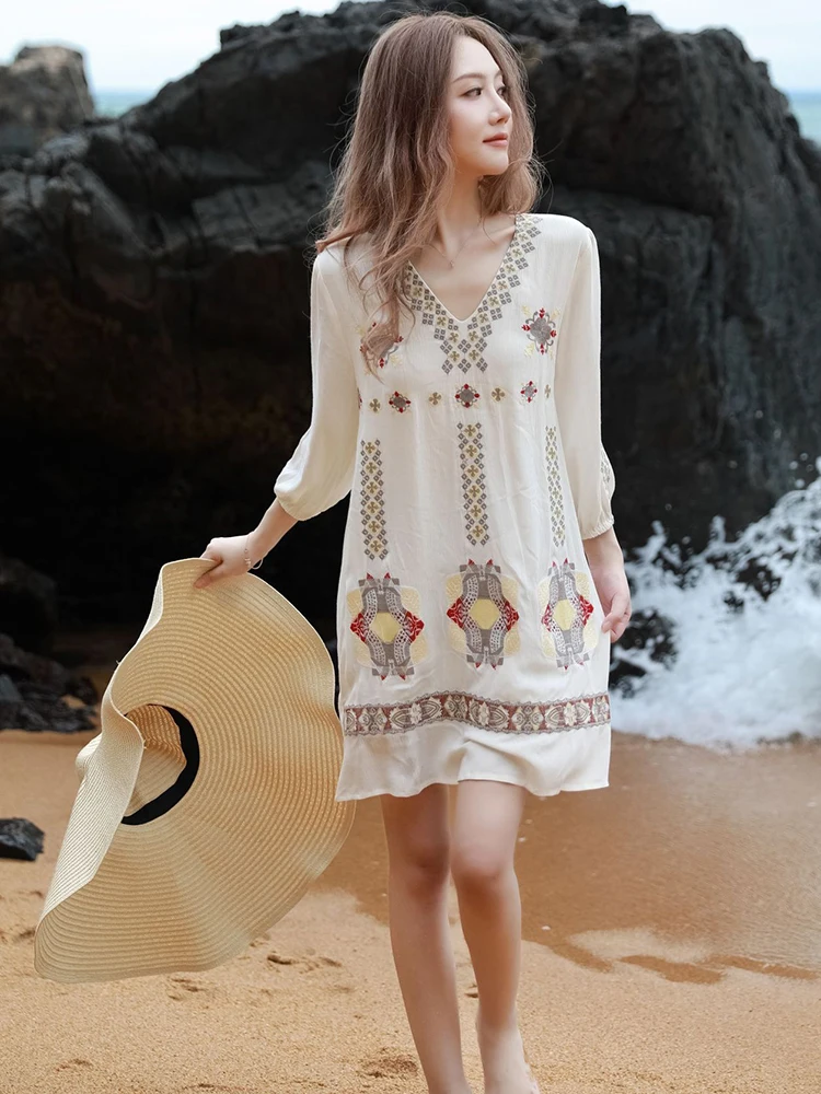 KHALEE YOSE Boho Floral Embroidery Summer Dress White Long Sleeve V-neck Loose Women Vocation Ladies Party Dresses Vestidos New