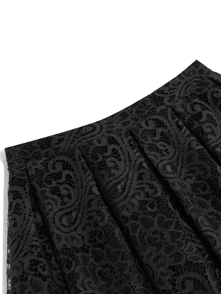 Tonval Retro Elastic Waist Green Solid Lace Overlay Pleated Skirt for Women 2023 Vintage Style Midi Skirts Elegant