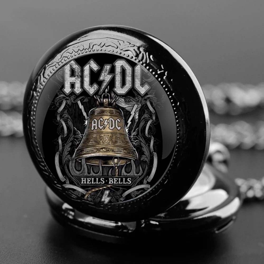 AC and DC Rock Band Logo Black Stainless Steel Quartz Pocket Watch Necklace Women Men Steampunk Clock Pendant Chain Children