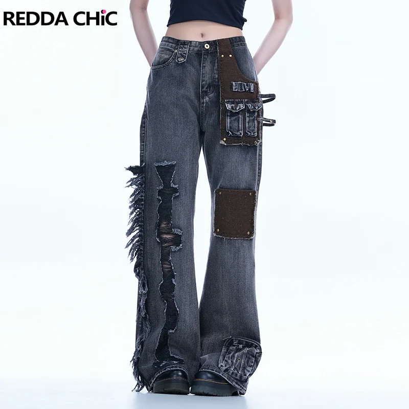 

ReddaChic Лоскутные джинсы для женщин Y2K Гранж Широкие брюки-палаццо Альтернатива Эстетическая длина до пола Джинсовая готическая ткань