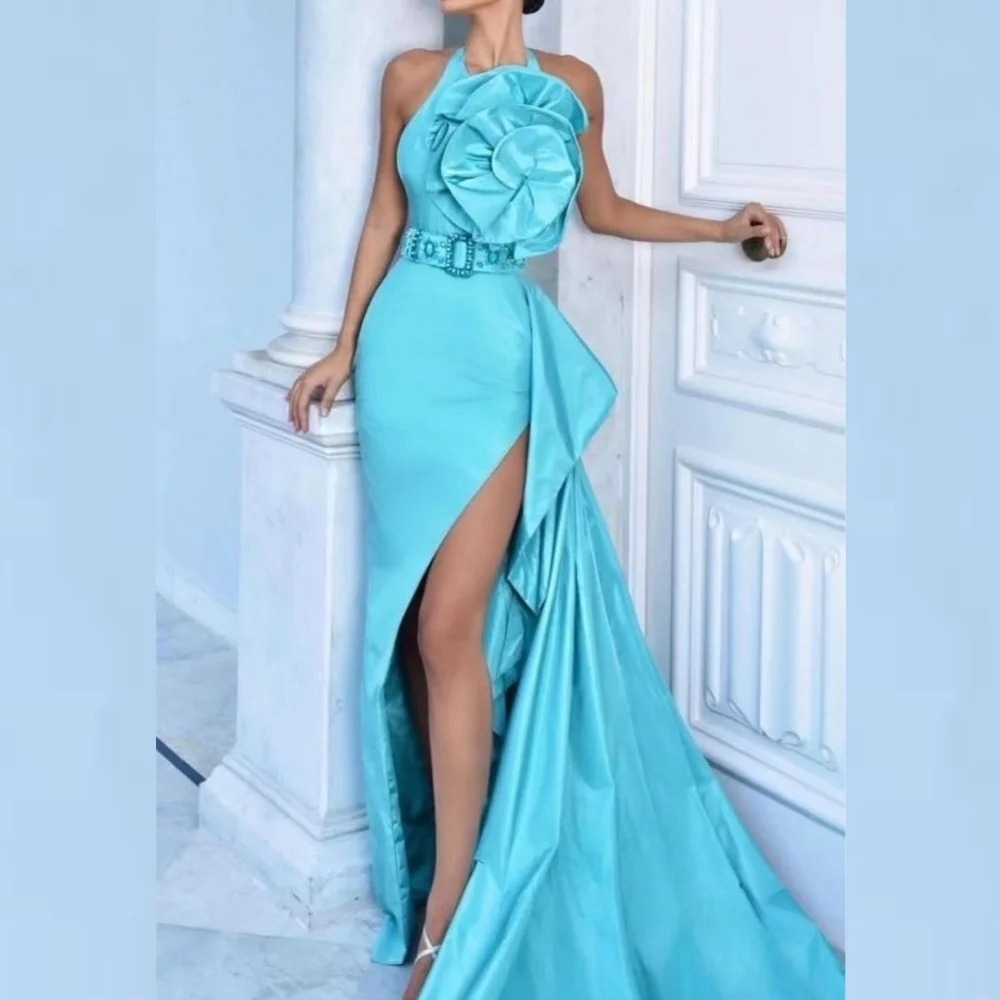 Satin Flower Draped Sash Cocktail Party Sheath Halter Bespoke Occasion Gown Long Dresses