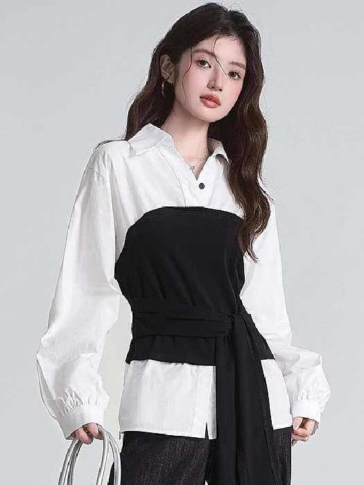 

Retro American Color Block Long Sleeve Shirt Women Early Autumn Waist Cinch Collar Shirt White Top Trendy Fake Two-Piece Design