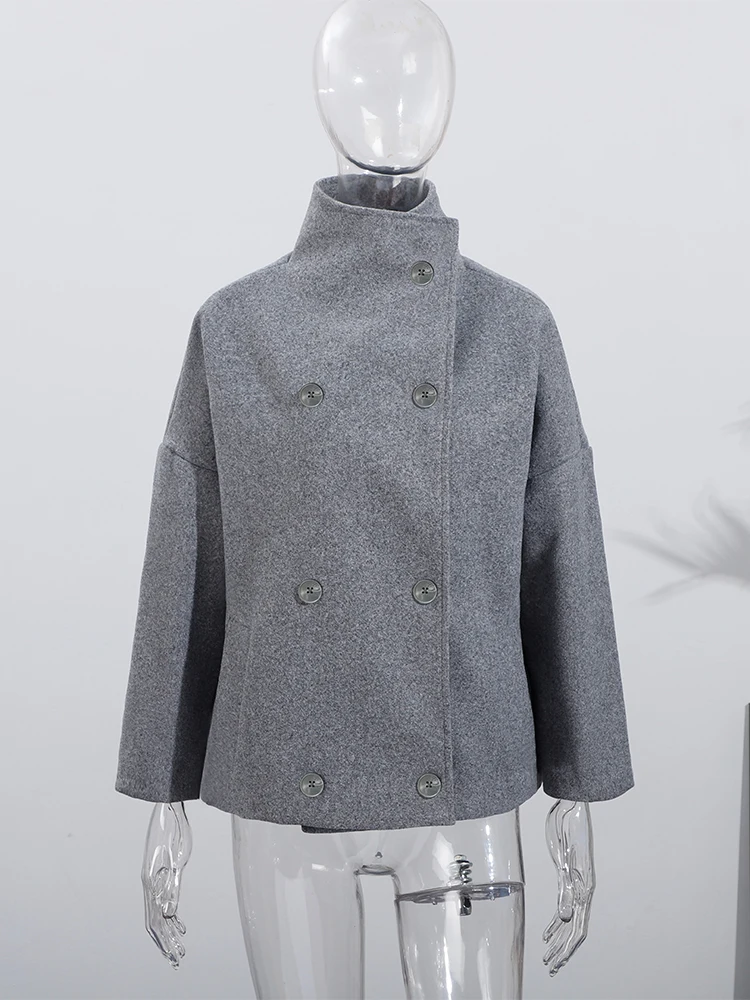 Cappotto corto da donna in misto lana 2025 Giacca minimalista a doppio petto con collo alto e vestibilità ampia Capispalla casual invernale