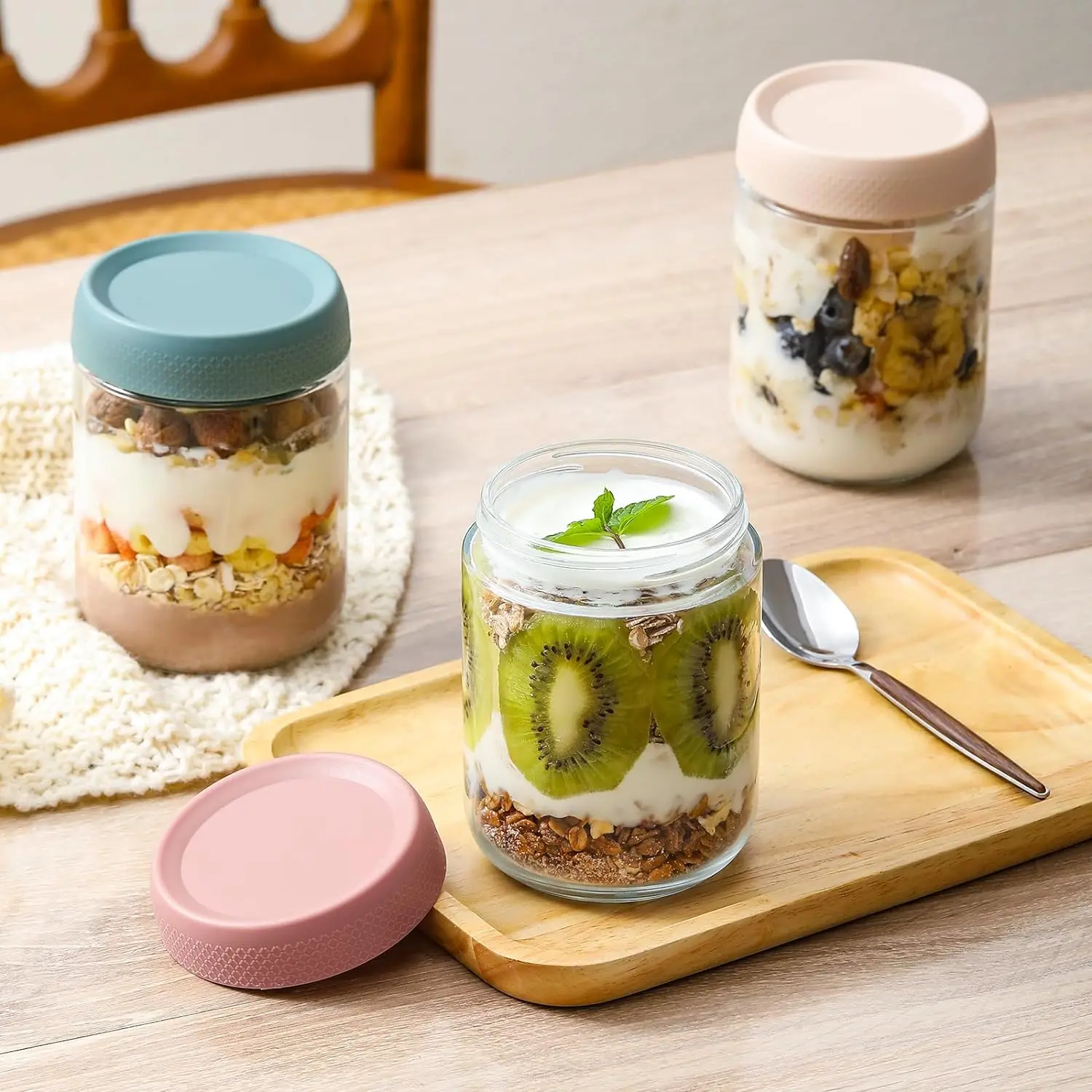 16oz Glass Storage jars with Airtight Lids Overnight Oats Containers Wide mouth Mason Salad jars Glass Food Storage Containers