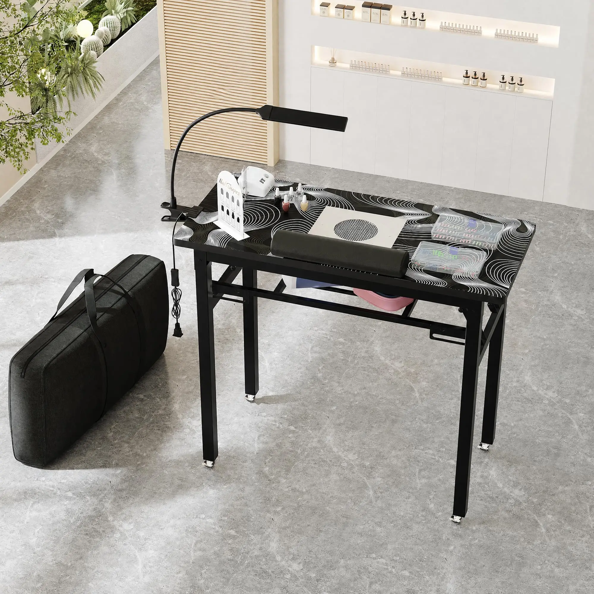 Portable Foldable Manicure Table with Dust Collector, Rolling Nail Tech Desk with LED Lamp, Wrist Rest, Lockable Wheels
