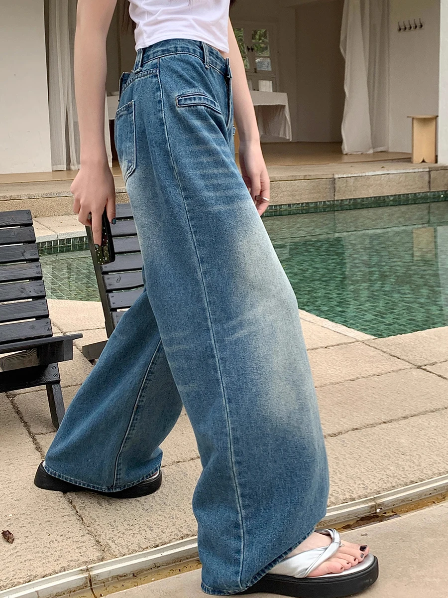 ReddaChic Vintage Blue Brushed Baggy Jeans Women Solid Casual Distressed High Waist Wide Leg Casual Pants Korean Y2k Trousers