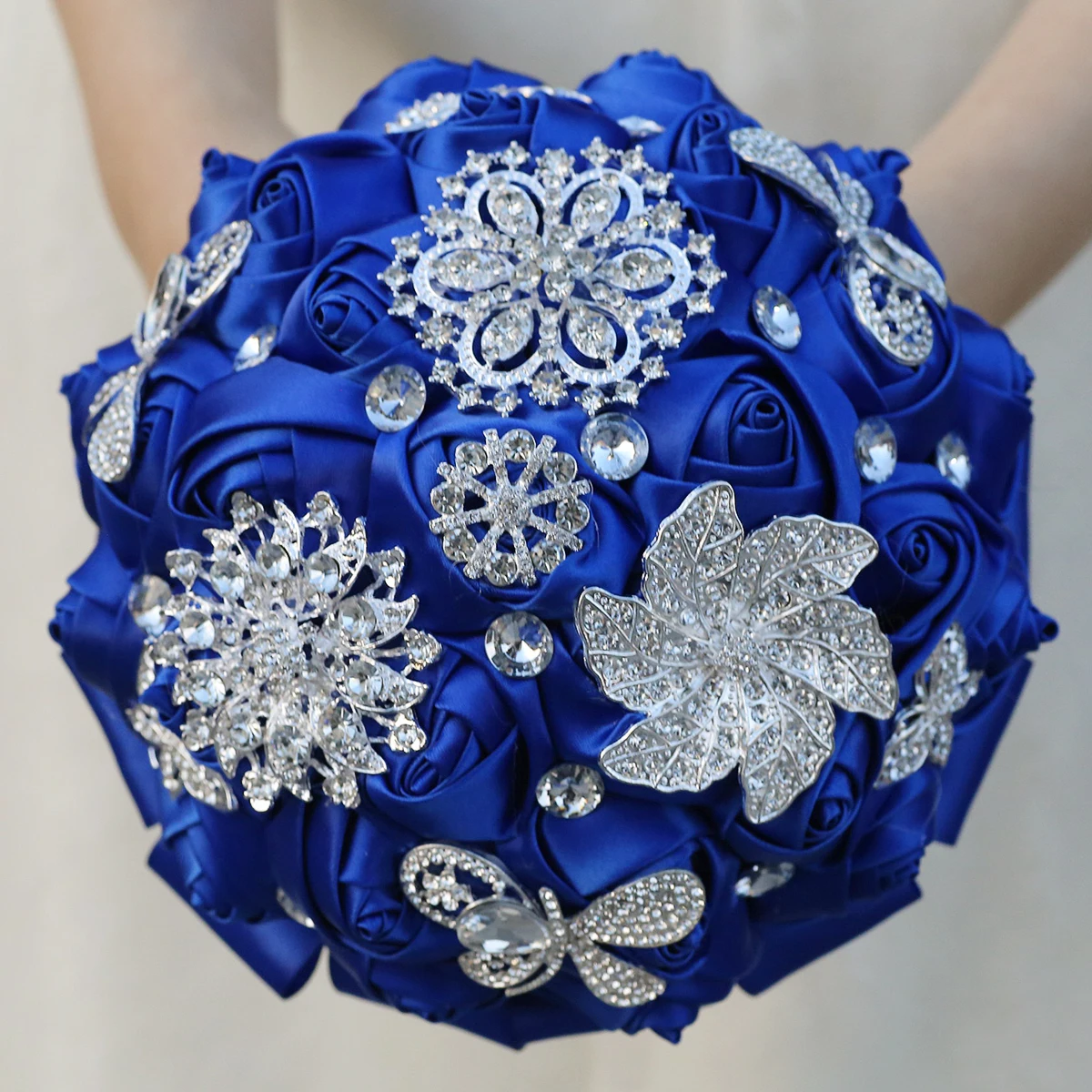 

2025 Multi-bridal Royal Blue imitation ribbon rose Hand Flower Silver rhindiamond-based Brooch Elegant wedding eternal bouquet