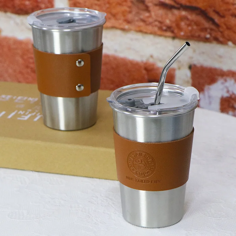 

300ml Outdoor Stainless Steel Coffee Cups with Leather Insulation Simple Fine Mouth Camping Pot Water Kettle 500ml Drinking Cups