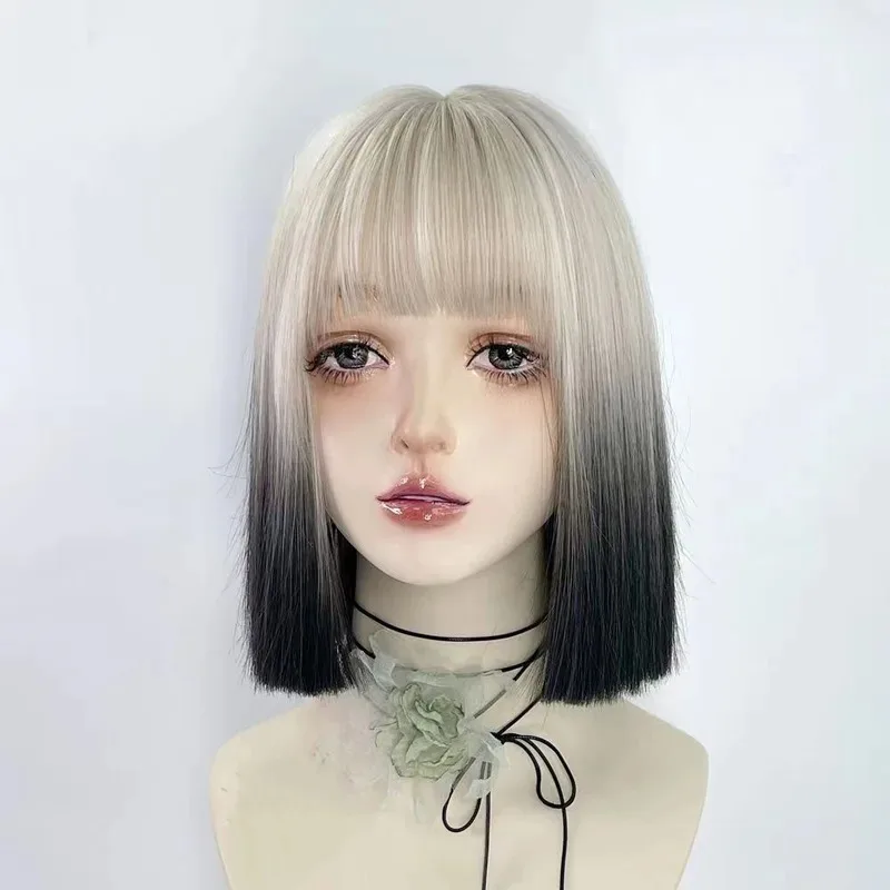 Zz04zz12wig corto negro y blanco subcultura degradado dorado conjunto de cabeza completa para mujer color claro hasta los hombros cabello y2k neu