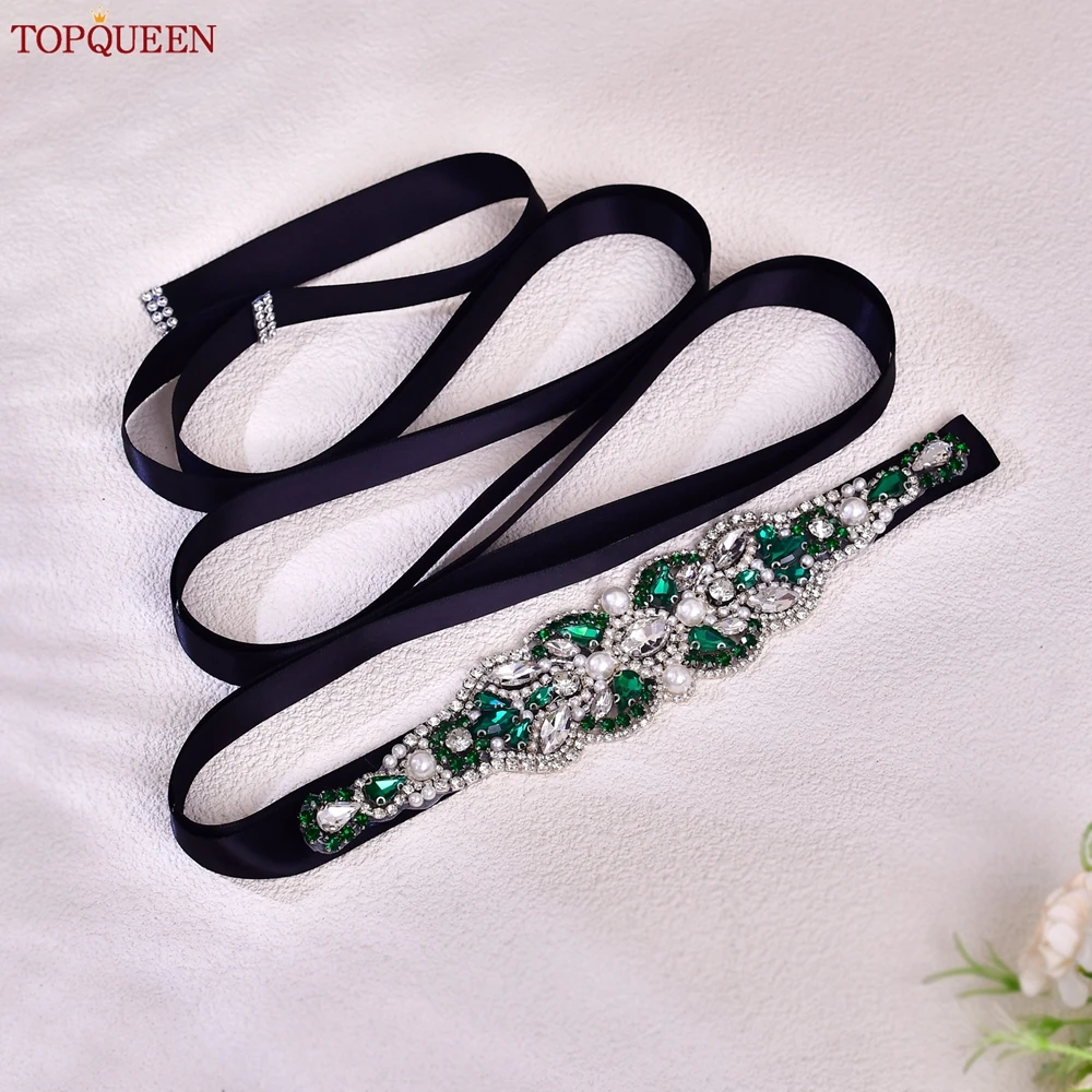 TOPCLS-Ceinture Décorative pour Femme, Accessoires pour Robe de Soirée, Vert Foncé, Strass, Perles Clip, S87