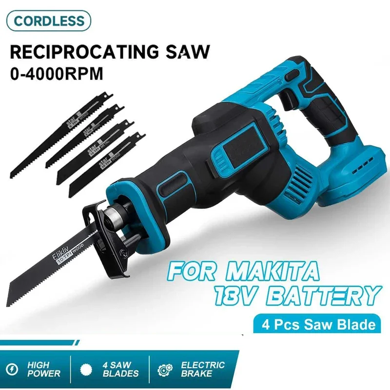 3000RPM Cordless Reciprocating Saw Adjustable Speed Chainsaw Wood Metal PVC Pipe Cutting Bandsaw Power Tool Makita 18V Battery