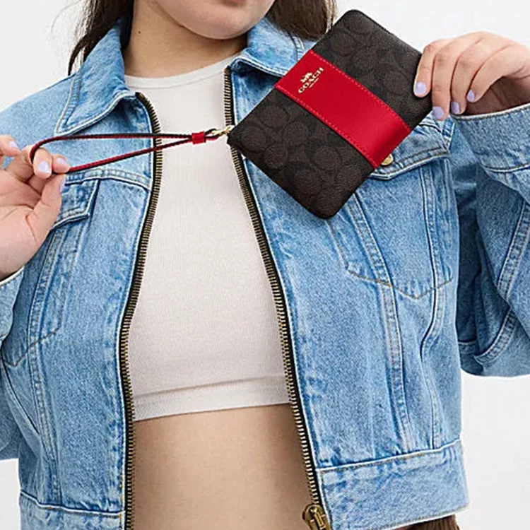 COACH Corner Zip Artificial Leather, Cow Split Leather Wrist Bag Clutch Small Women's Walnut & Red CW854-IMXD0 view 4