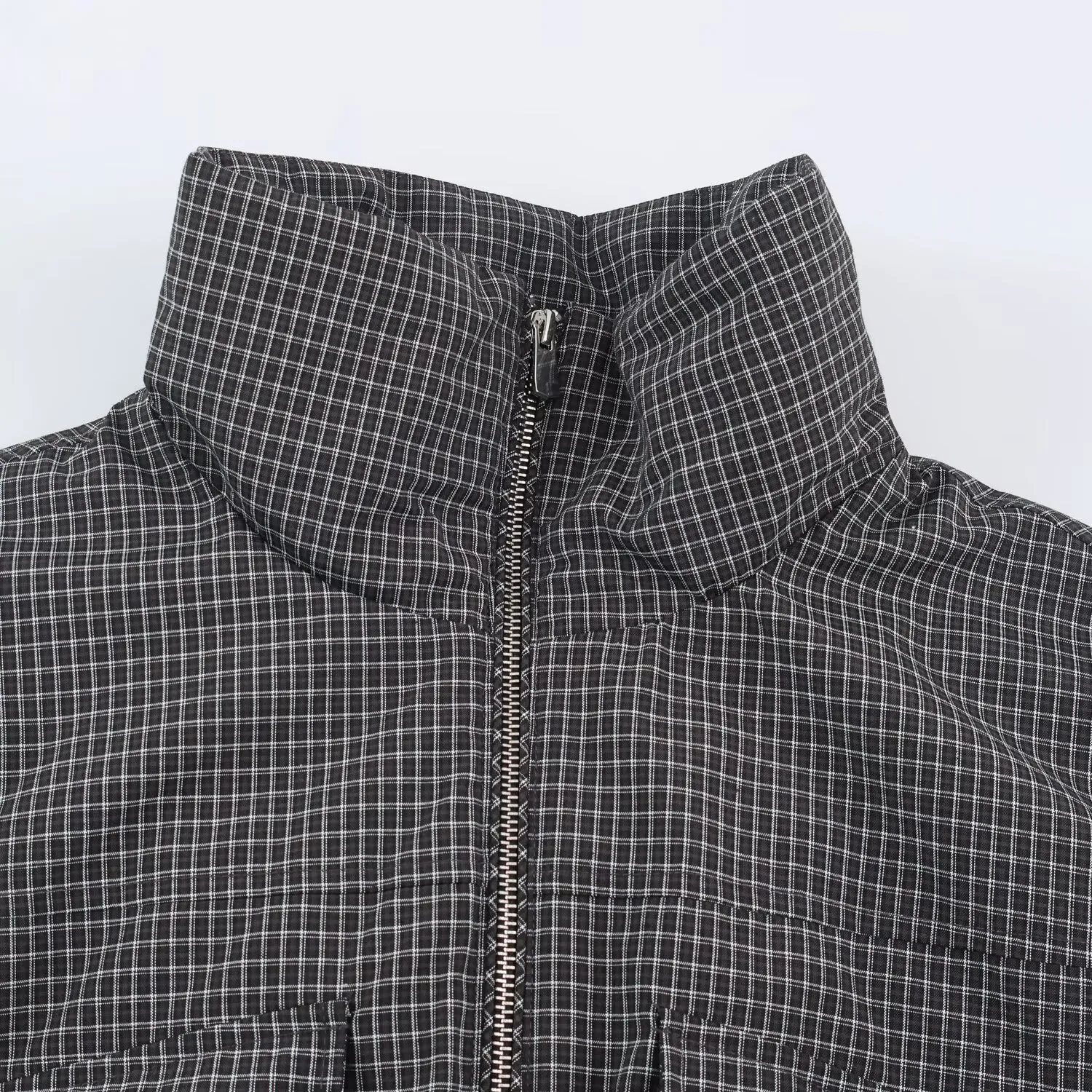 Plaid Stand Collar Coat Regular Fit Casual Women Autumn Jacket with Zipper Closure Wrinkle Finish Long Sleeve Regular Length