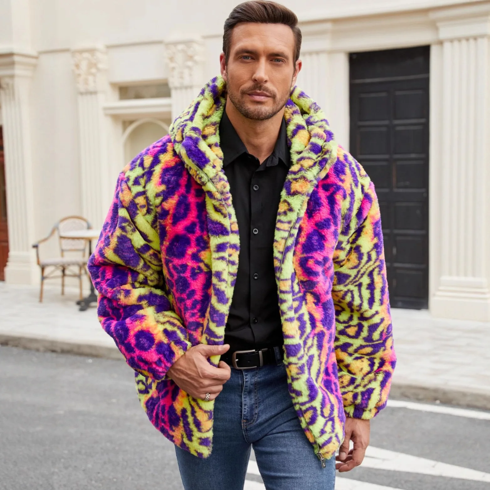 

Autumn Winter New Fashion Male Colorful Clothes Tops Men's Leopard Casual Trendy Loose Long Sleeve Thicken Hooded Faux Fur Coats