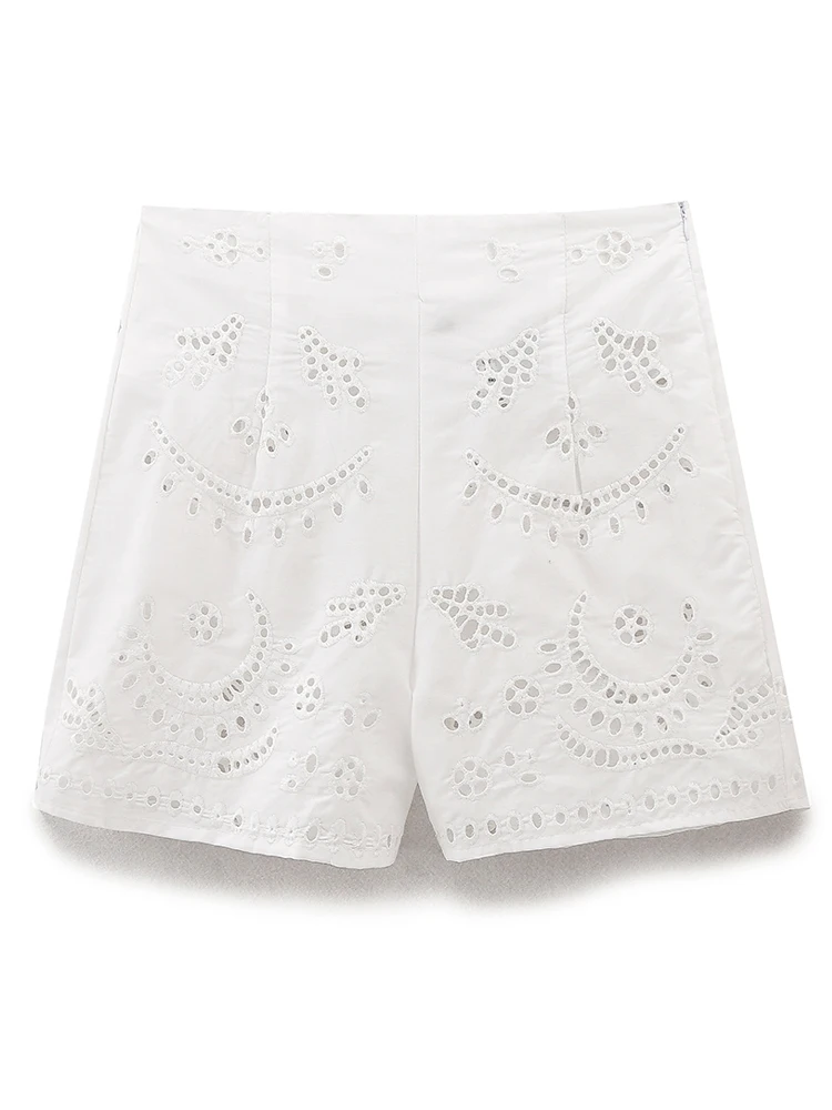 KAOPU ZA Women  with cutwork embroidery bermuda shorts vintage high-waist side zipper female skirts mujer