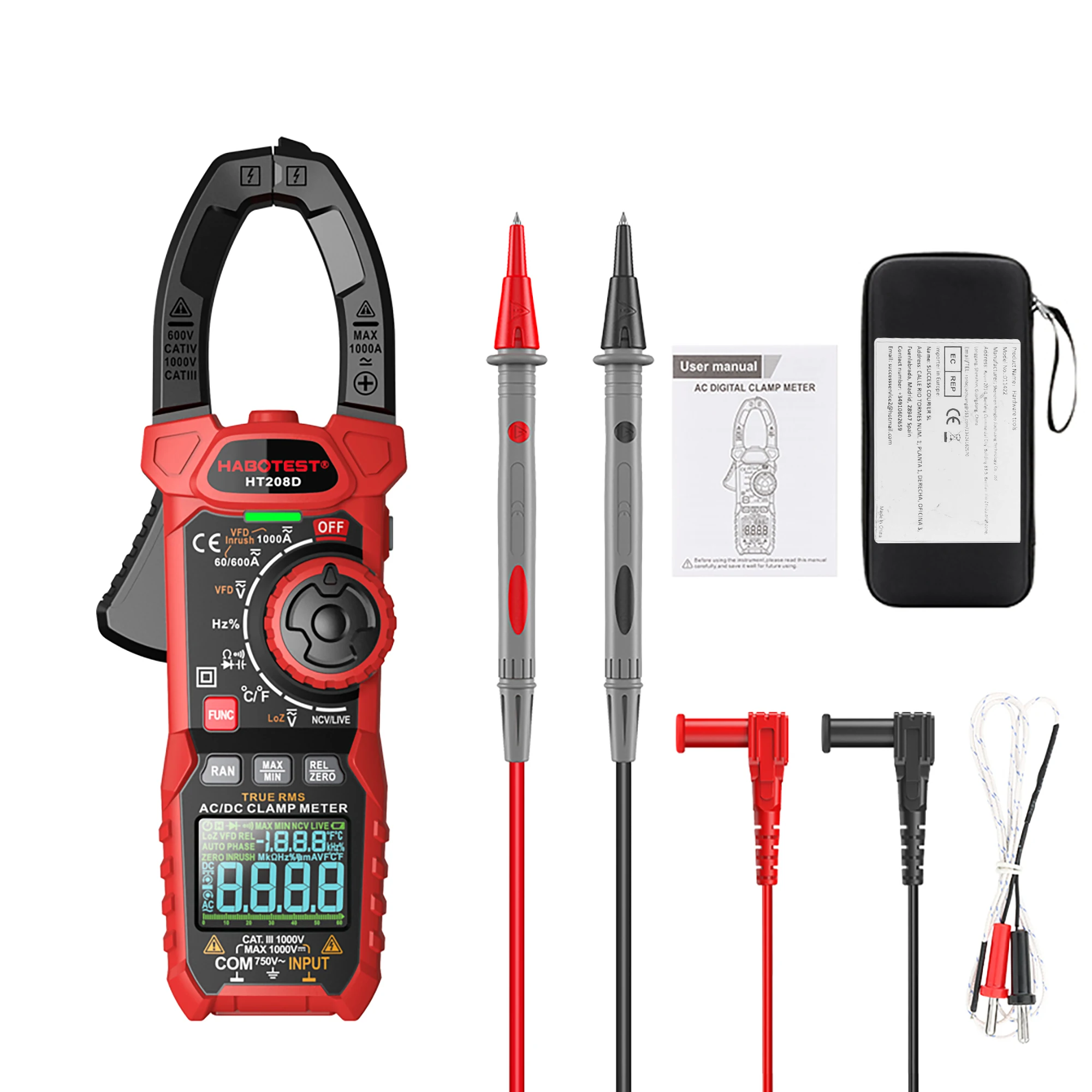 HT208A/D Amp Meter Clamp AC/DC,1000A True RMS Multimeter Tester 6000 Counts with Temperature NCV LPF Voltage and Current Test